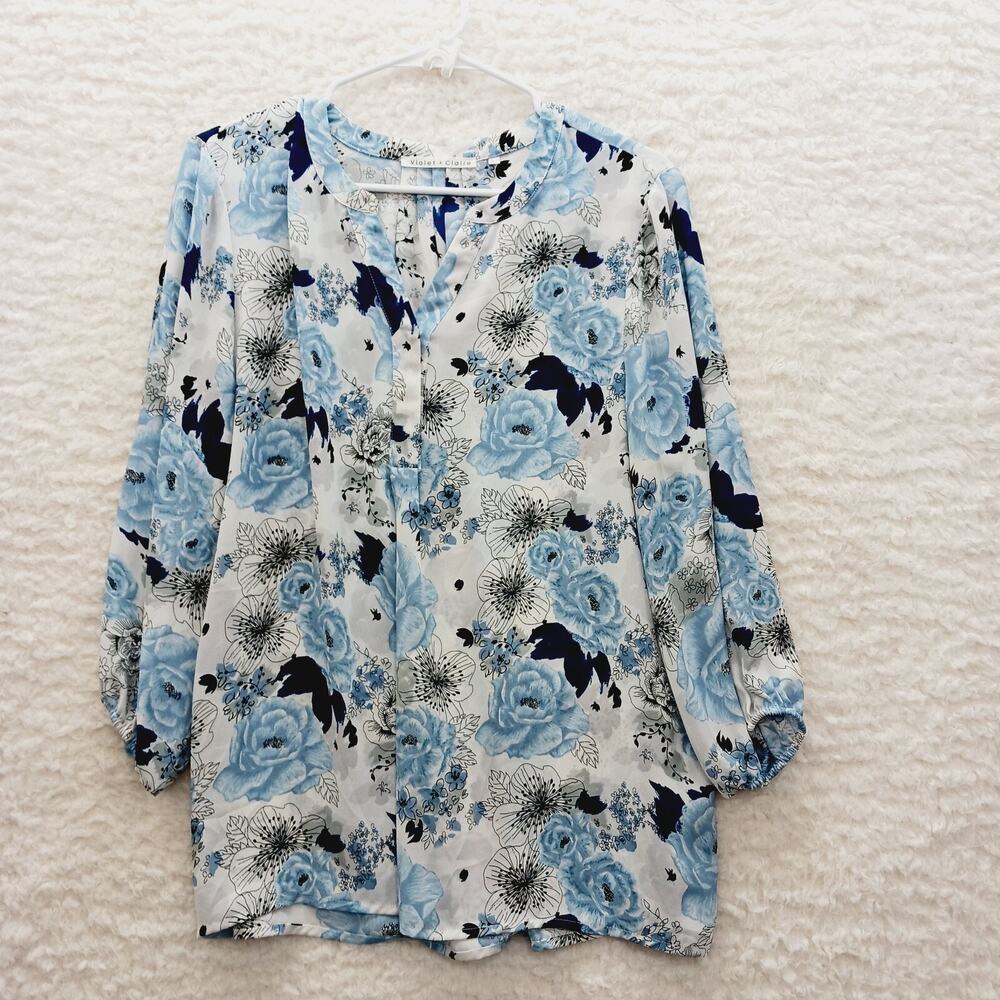 Blouse Blue Roses Peony Whimsycore Romantic Office Long Sleeve Top Comfy Size L